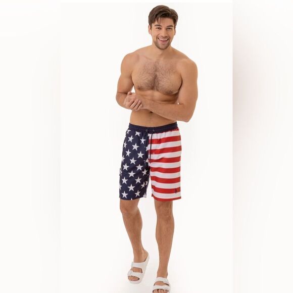 US Polo Ralph Lauren  Swim Trunk Short Mens M American Flag Star Stripe - Picture 1 of 16